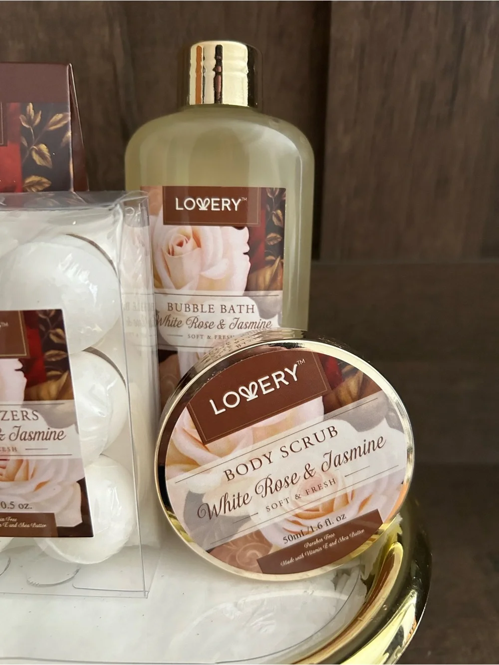 Lovery White Rose & Jasmine Bath Set in Gold & Cream Bathtub Bubble Bath NWOT